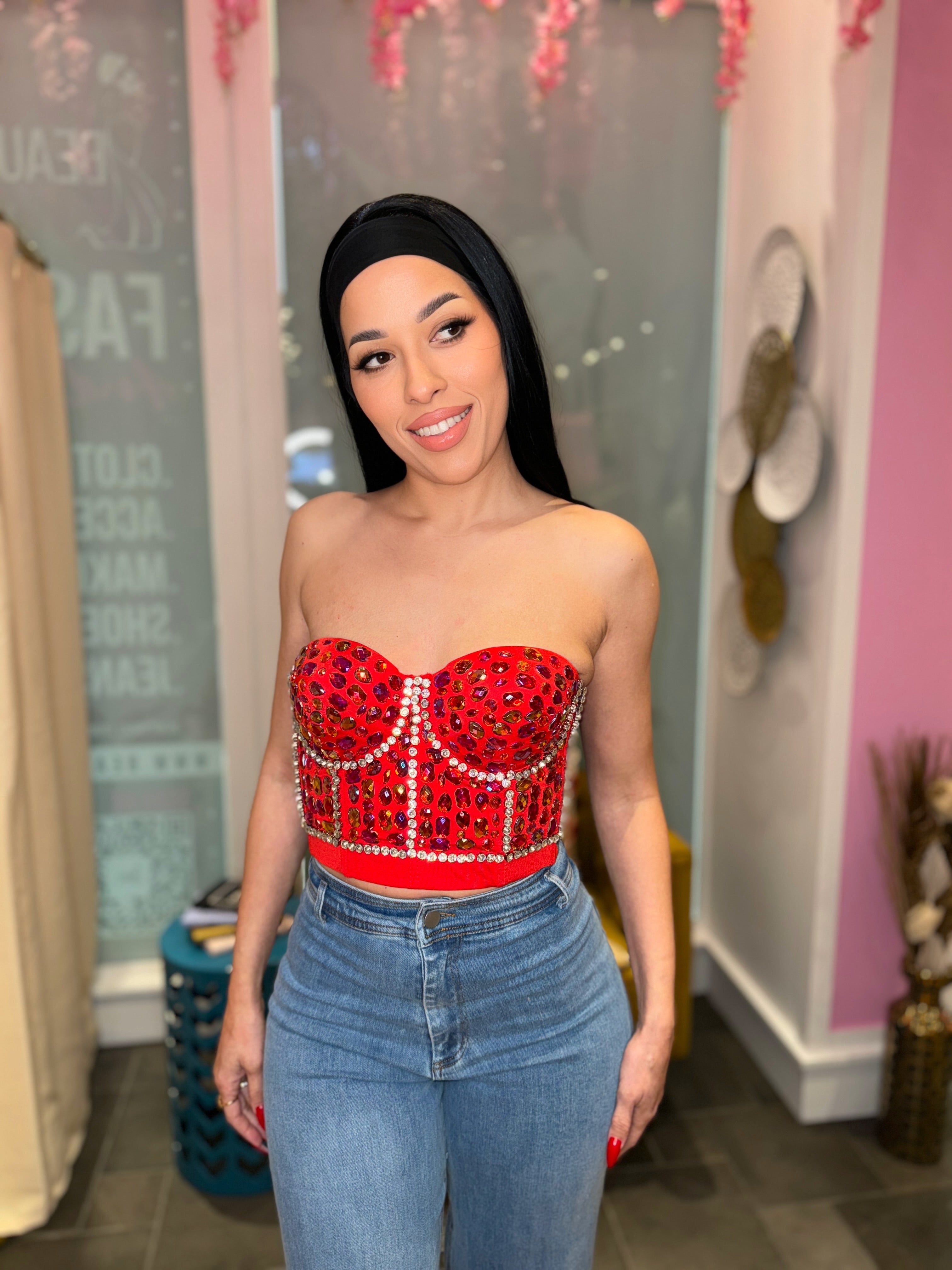 RED RHINESTONE PATTERN STONE BUSTIER-BeautyRosee Boutique