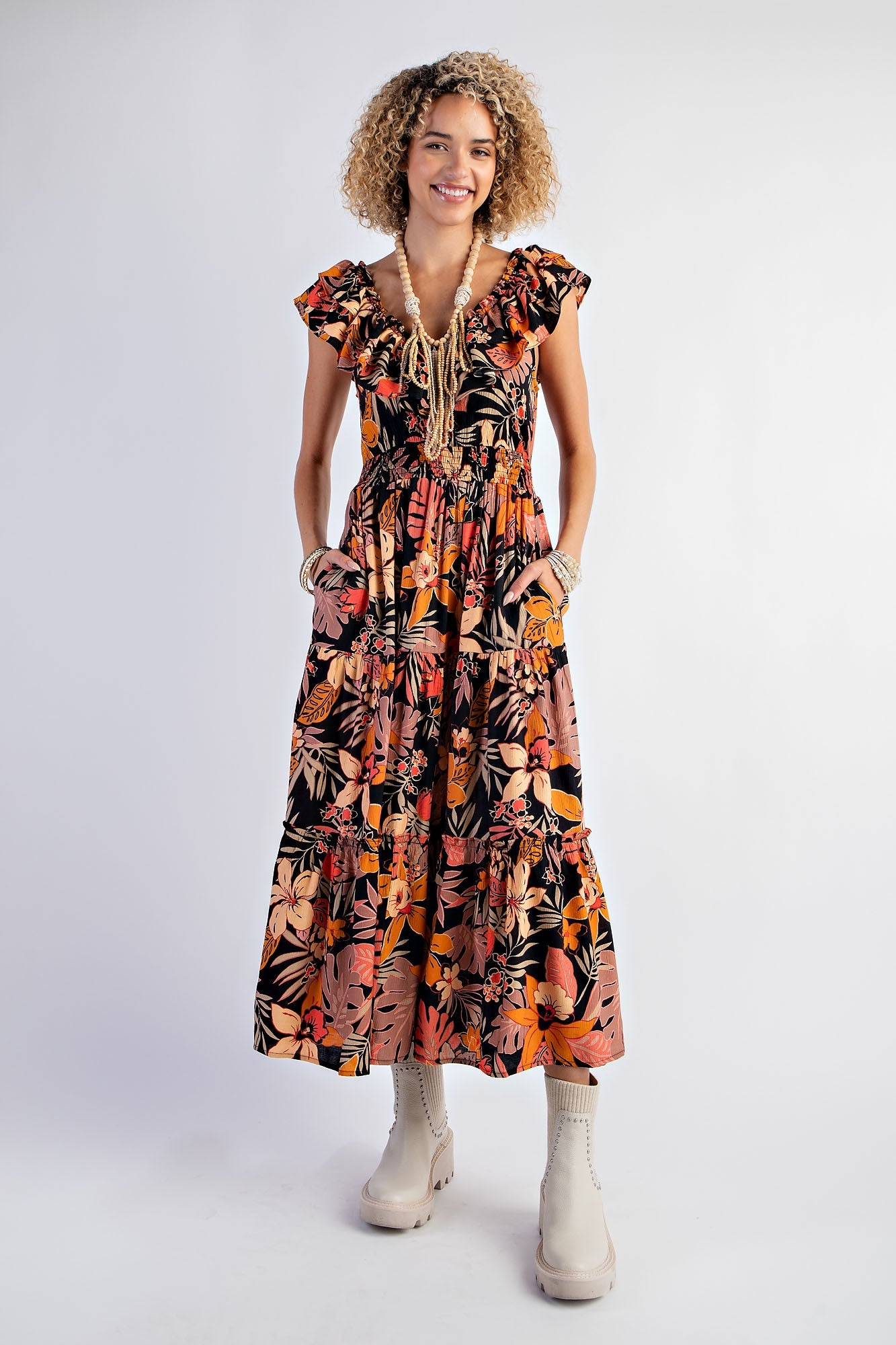 TROPICAL PRINT PEACH BLOSSOM TIERED MAXI DRESS (C53)