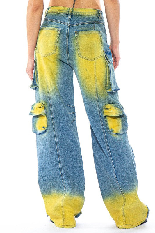 COLOR PAINTED DENIM STRETCHY CARGO JEANS PANTS-BeautyRosee Boutique