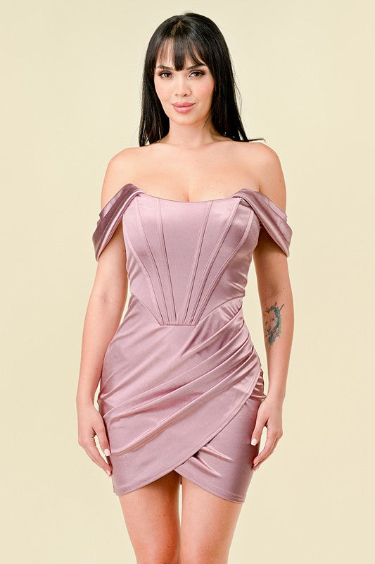 SATIN OFF-THE-SHOULDER PLEATED MINI DRESS LAVENDER-BeautyRosee Boutique