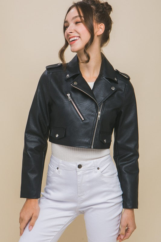 PU Faux Leather Moto Crop Jacket-BeautyRosee Boutique