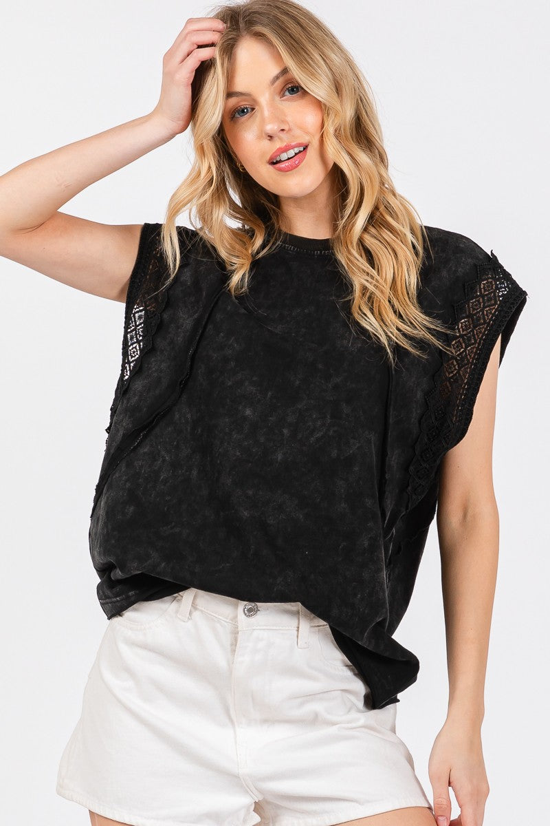 MINERAL WASHED TRIM SHORT SLEEVE TOP BLACK (C39)