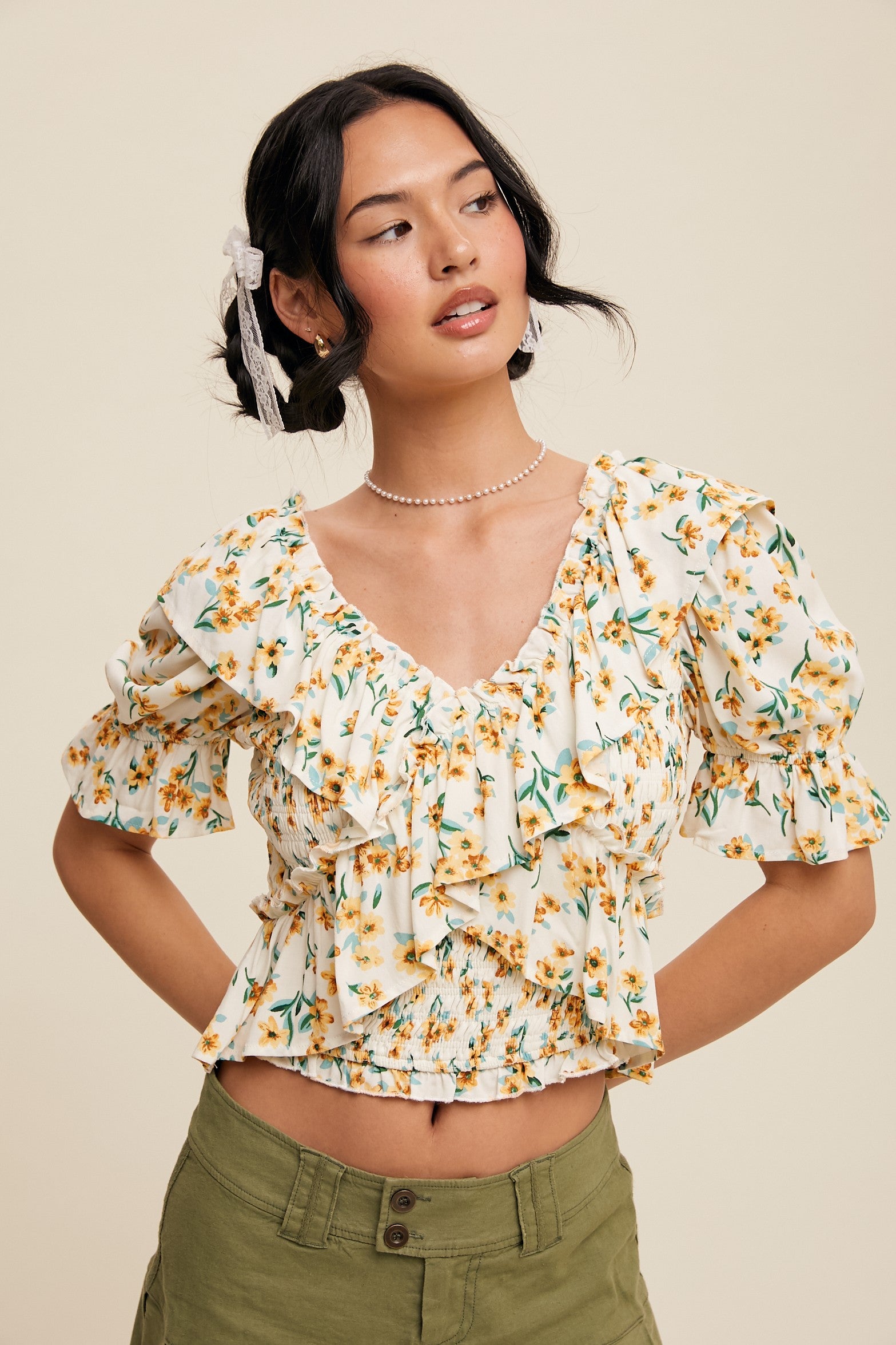 Flower Print Ruffled V-neck Blouse Top (C47)