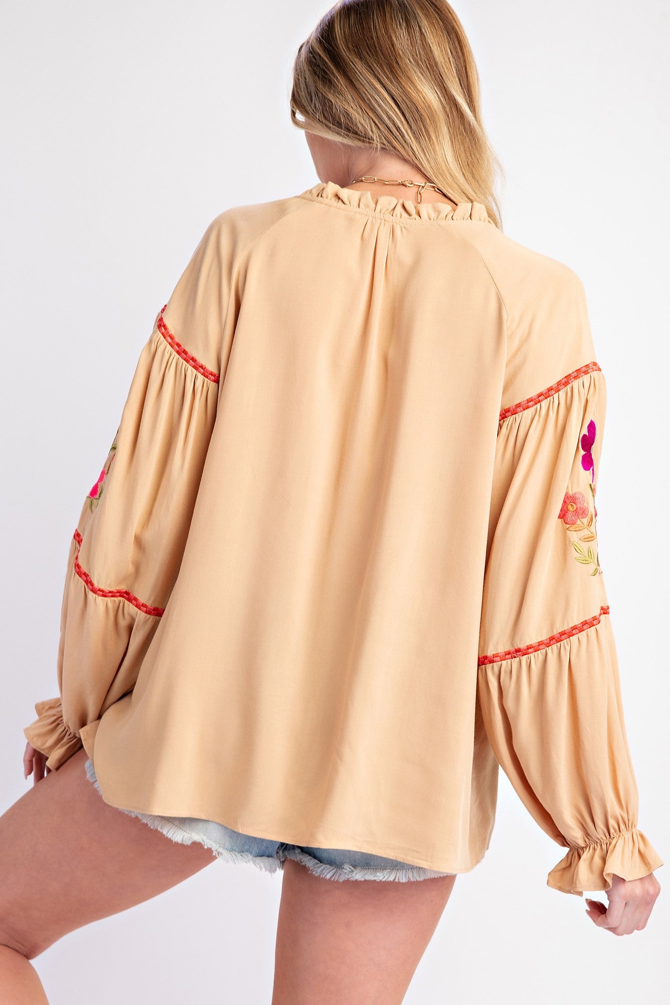 EMBROIDERY DETAILING RAYON CHALLIS BLOUSE (C41)