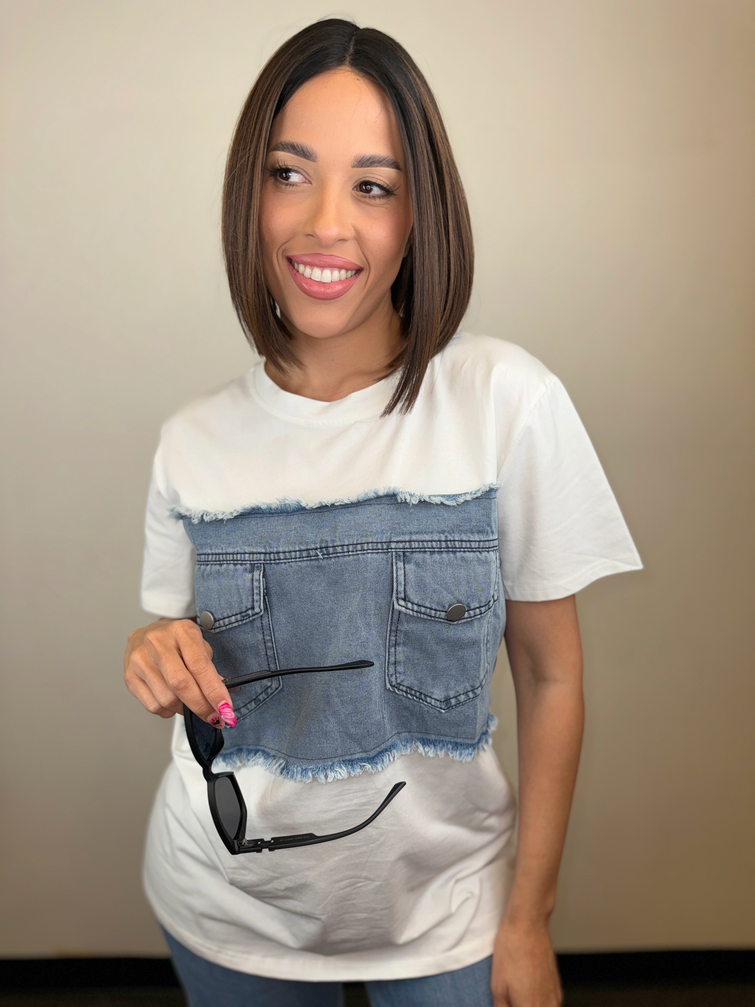 Denim T Shirt White-BeautyRosee Boutique