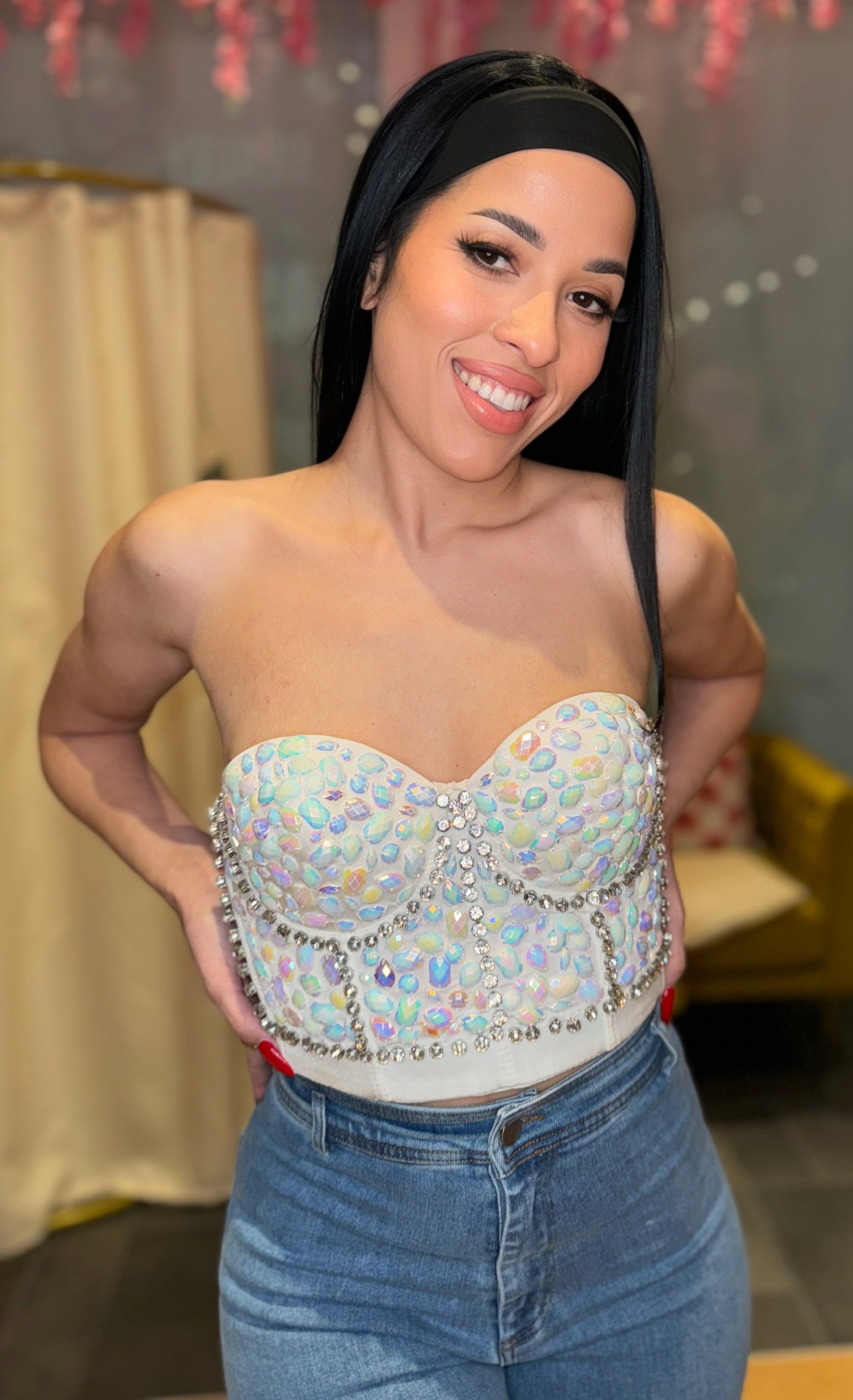 WHITE RHINESTONE PATTERN STONE BUSTIER-BeautyRosee Boutique