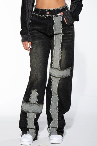 BLACK WASHED CONTRAST FRAYED HEM DENIM JEANS-BeautyRosee Boutique