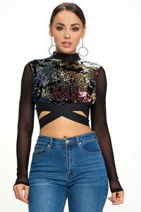 CASCADE SEQUIN CROSS FADED LONG SLEEVE CROP TOP