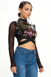 CASCADE SEQUIN CROSS FADED LONG SLEEVE CROP TOP