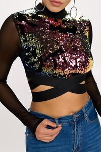 CASCADE SEQUIN CROSS FADED LONG SLEEVE CROP TOP